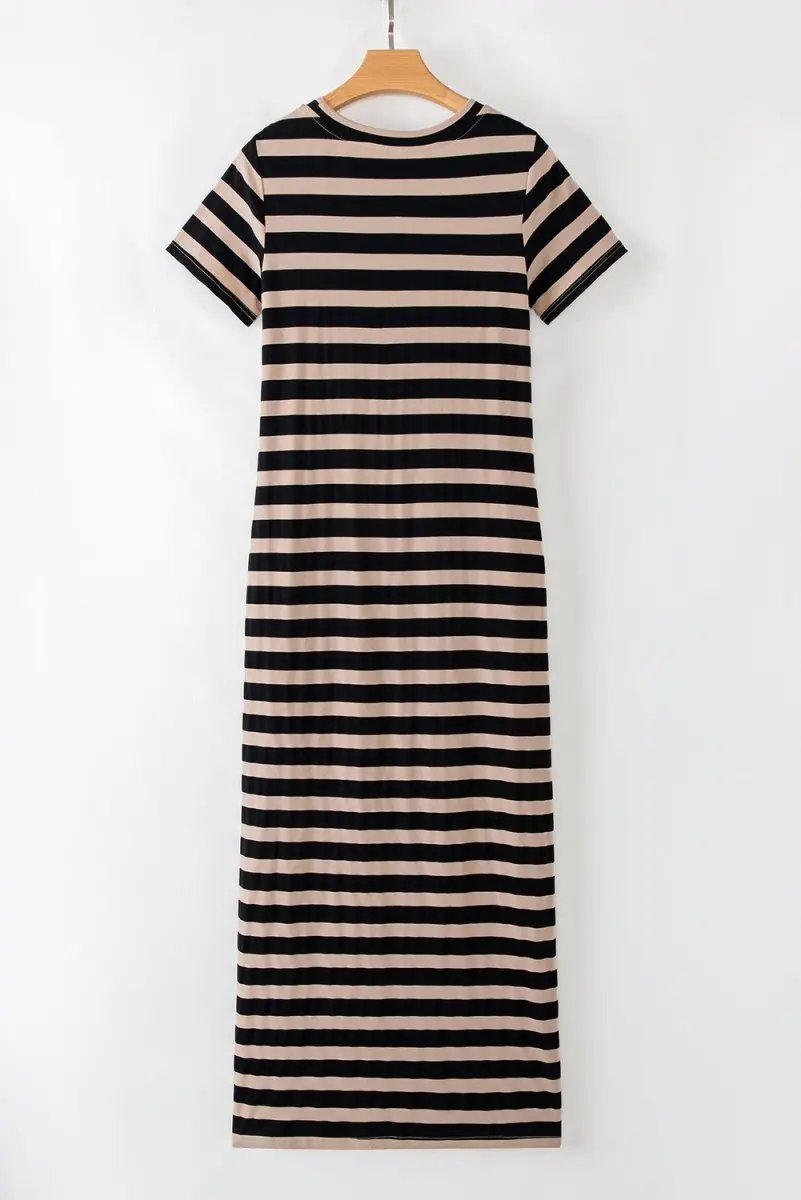 Black Stripe Casual Round Neck T-shirt Maxi Dress with Pockets - Love Salve